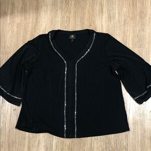 New M Collection Black V-Neck Sequin Trim Women's Top 1XL
